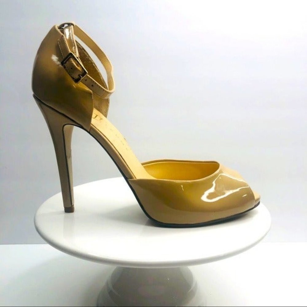 Ivanka Trump Patent Leather Ankle-Strap Peep-Toe Heels in Tan